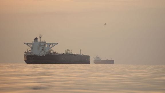 Tankers anchored in the Strait of Hormuz off the coast of Qeshm Island, Iran, Saturday, April 18, 2026. (AP Photo)