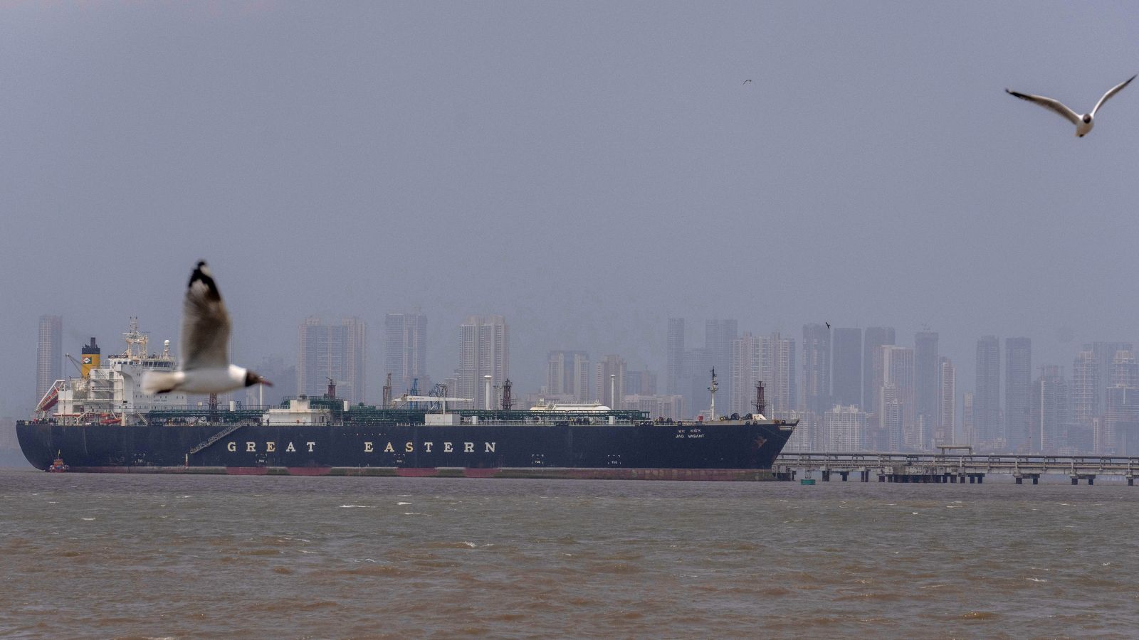 The Indian flagged LPG carrier Jag Vasant transporting liquefied petroleum gas, is seen at the Mumbai Port in Mumbai, India, after it arrived clearing the Strait of Hormuz