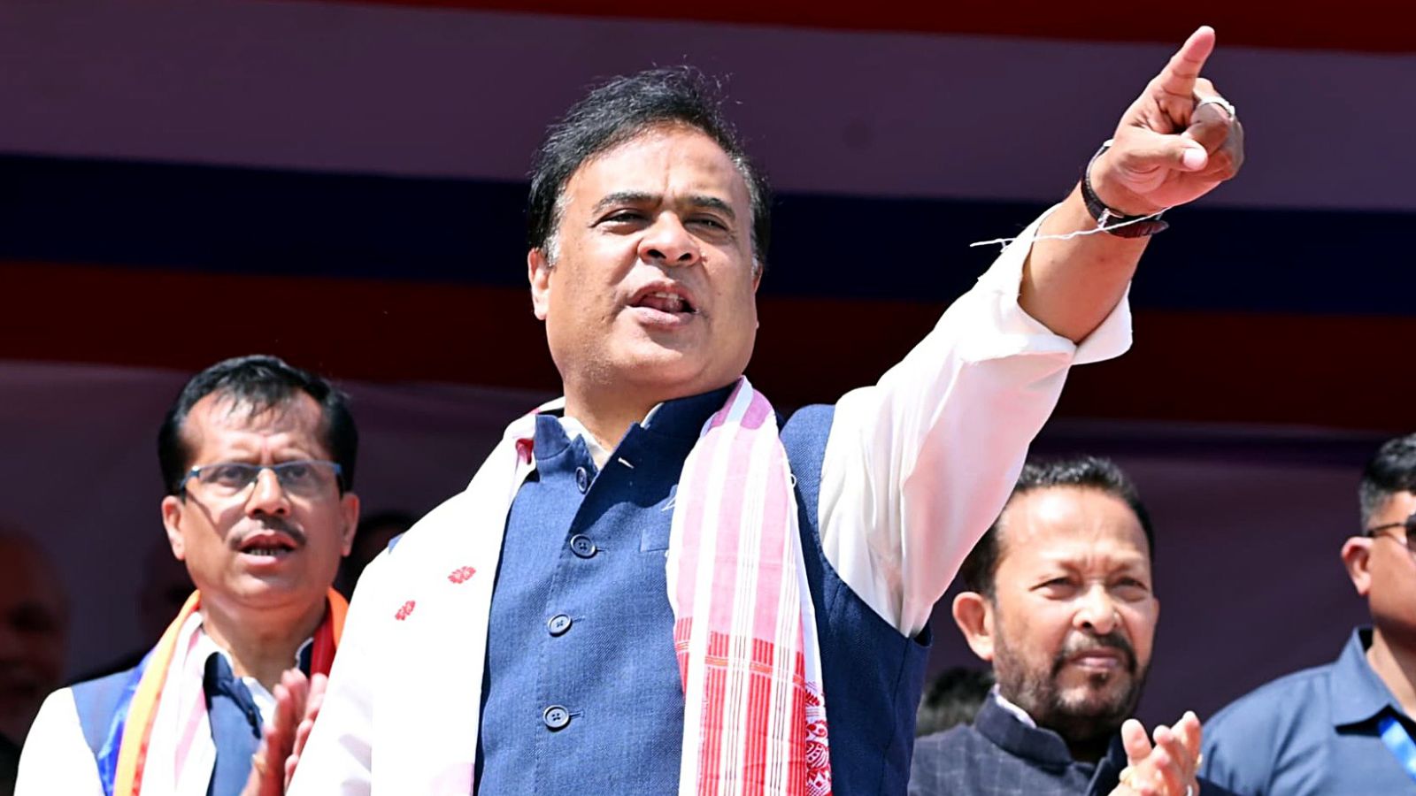 Assam Chief Minister Himanta Biswa Sarma during a public meeting for the upcoming Assam assembly elections, at Kakojan Krida Santha playground, in Jorhat on Tuesday. (@himantabiswa X/ANI Photo)