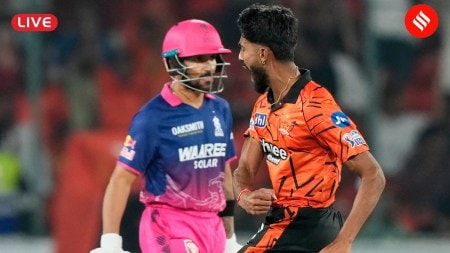 SRH vs RR Live Score, IPL 2026: Sunrisers Hyderabad's Praful Hinge and Sakib Hussain have reduced Rajasthan Royals to 9/5 at Rajiv Gandhi International Stadium in Hyderabad.