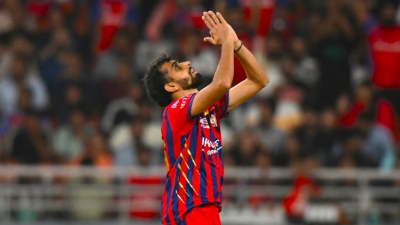 Lucknow Super Giants' Prince Yadav celebrates a wicket during an Indian Premier League cricket match. (AP Photo)