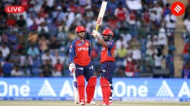 Delhi Capitals vs Punjab Kings Live Score, IPL 2026: Prabhsimran Singh smashed a 26-ball 76 while Priyansh Arya scored 43 off 17 balls before they both fell in the space of five balls. (Express photo by Praveen Khanna)