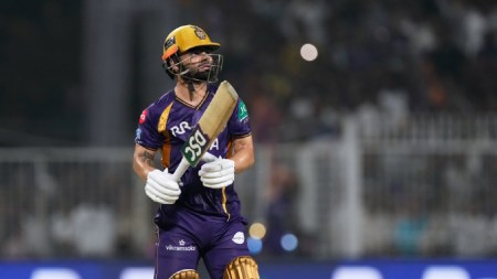 Kolkata Knight Riders' Rinku Singh reacts after hitting the winning runs during the Indian Premier League cricket match against Rajasthan Royals in Kolkata, India, Sunday, April 19, 2026. (AP Photo)