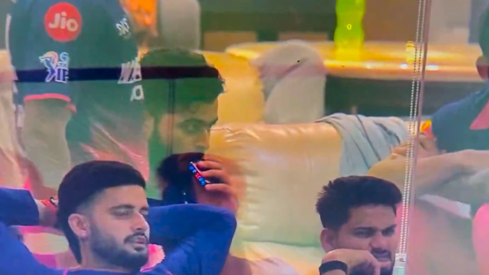 Screengrab from a video captured from the IPL live broadcast reportedly showing Rajasthan Royals captain Riyan Parag vaping inside the team dressing room during RR’s IPL 2026 match against Punjab Kings in Mullanpur.