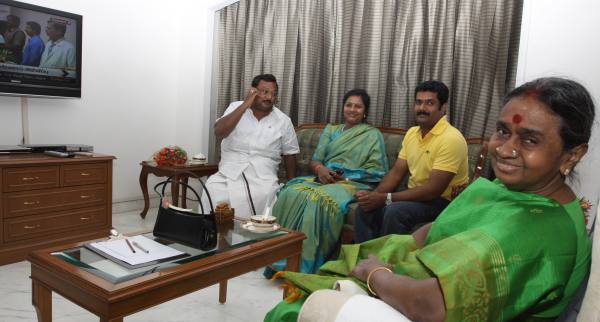 DMK founder Karunanidhi's son Azhagiri (left) with other family members at Tamil Nadu House