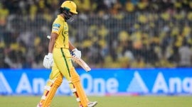 Chennai Super Kings' captain Ruturaj Gaikwad leaves the ground after losing his wicket during the Indian Premier League cricket match between Chennai Super Kings and Punjab Kings in Chennai, India, Friday, April 3, 2026. (AP Photo)