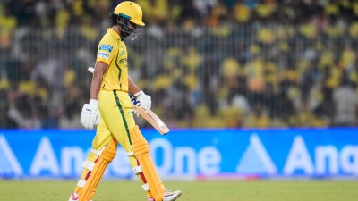 Chennai Super Kings' captain Ruturaj Gaikwad leaves the ground after losing his wicket during the Indian Premier League cricket match between Chennai Super Kings and Punjab Kings in Chennai, India, Friday, April 3, 2026. (AP Photo)