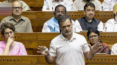Leader of Opposition in the Lok Sabha Rahul Gandhi speaks in the House during the Special session of Parliament, in New Delhi. (PTI Photo)