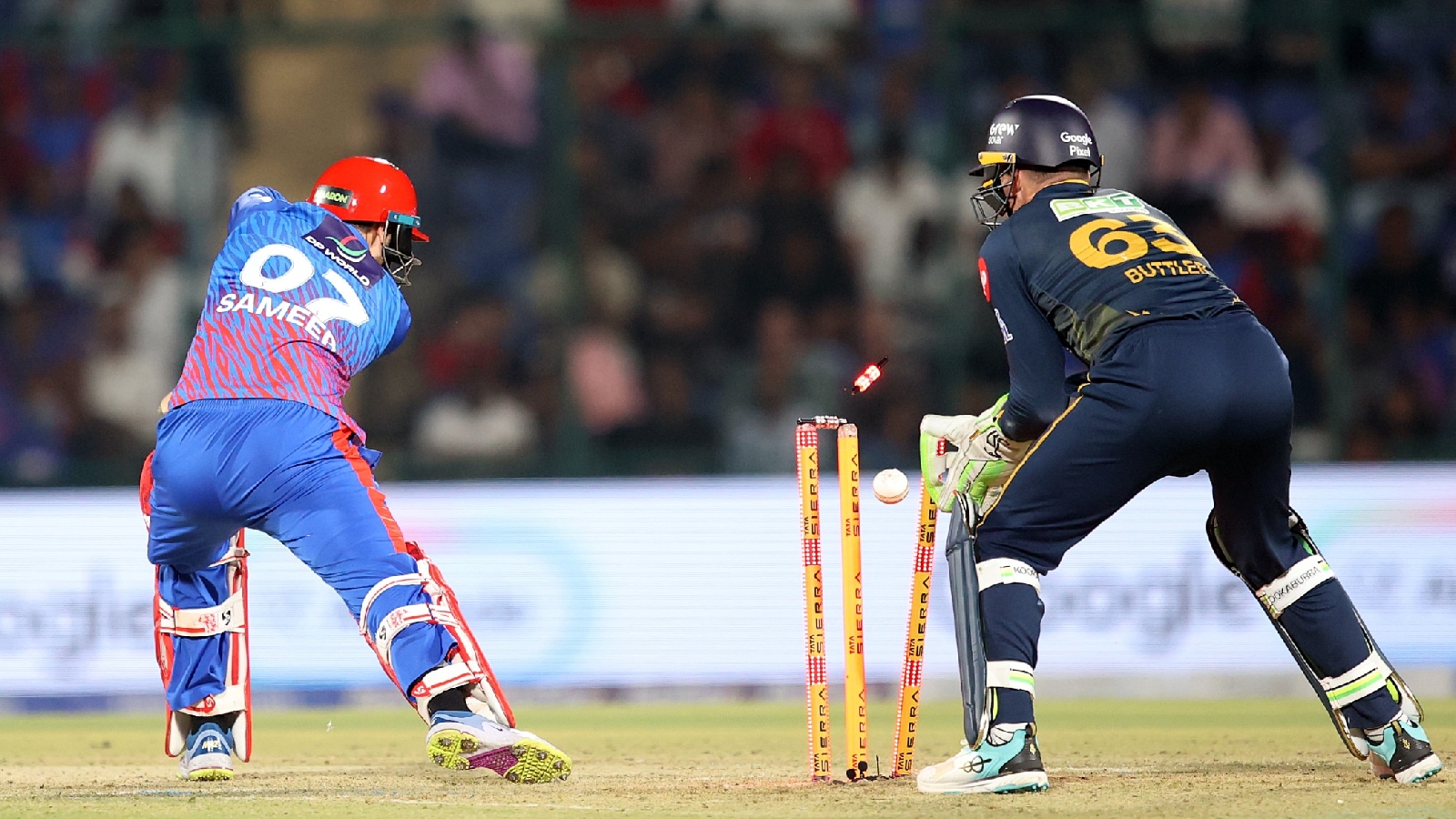 Delhi Capitals batsman Sameer Rizvi gets outfoxed by Gujarat Titans' Rashid Khan during an IPL match at Arun Jaitley Stadium in New Delhi on Wednesday. (EXPRESS PHOTO BY PRAVEEN KHANNA)