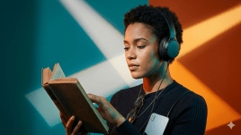 Audiobooks vs reading: A woman with headphones reading a book. (Generated using AI)