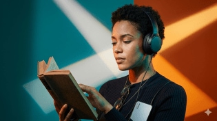 Audiobooks vs reading: A woman with headphones reading a book. (Generated using AI)