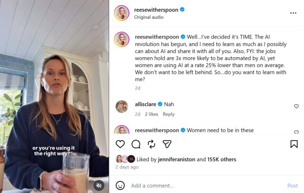 A screengrab of the video Reese Witherspoon posted on Instagram and Threads. (@reesewitherspoon/Instagram)
