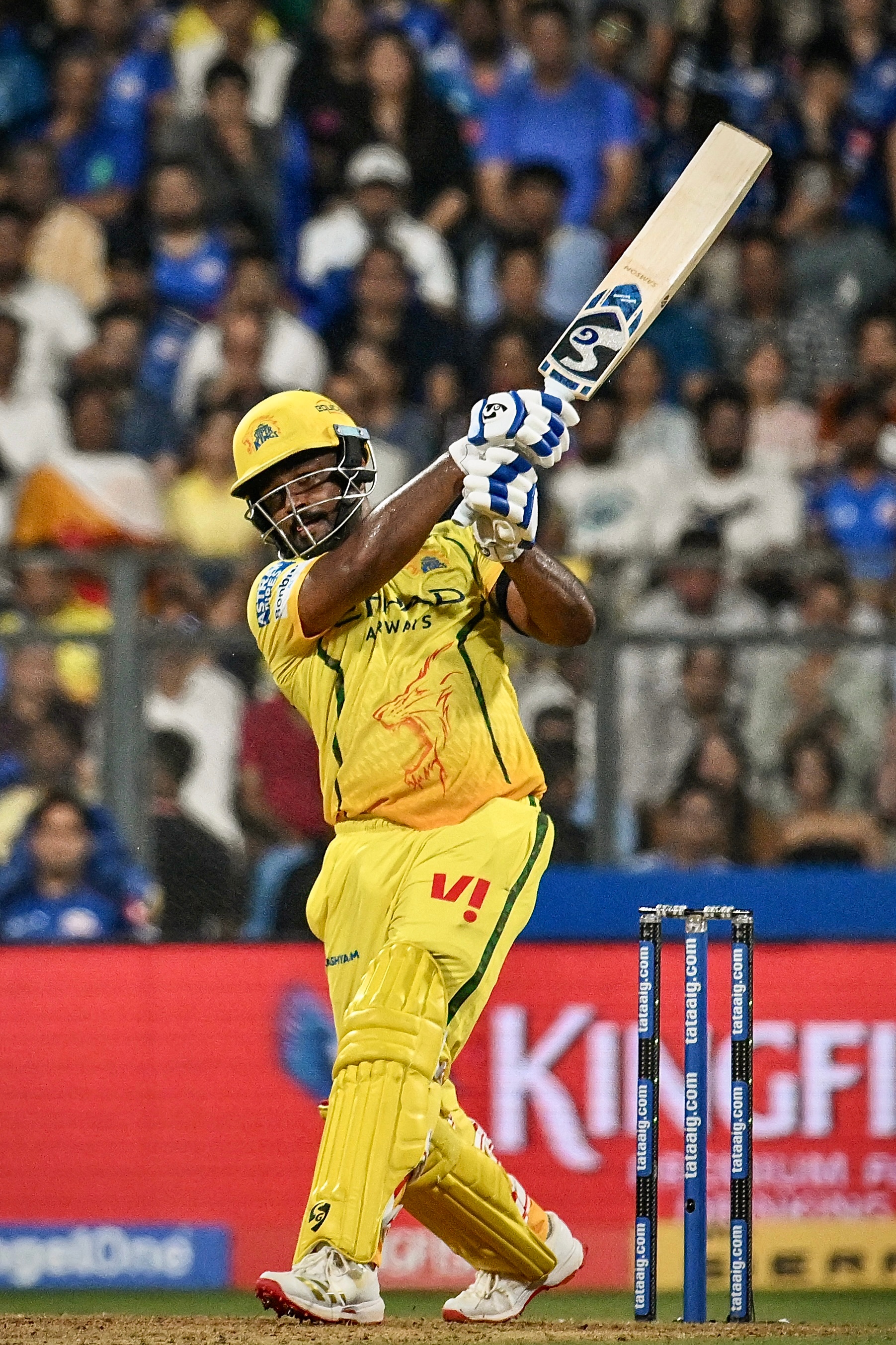 Chennai Super Kings' Sanju Samson plays a shot during the Indian Premier League 2026 match against Mumbai Indians at Wankhede Stadium, in Mumbai on Thursday. (ANI Photo)