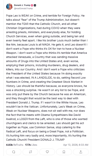 US President Donald Trump called on Pope Leo "weak on crime" and "terrible for foreign policy" in his post on Truth Social