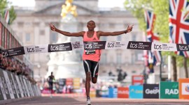 Sebastian Sawe from Kenya crosses the finish line to win the men's race at the London Marathon in London, Sunday, April 26, 2026.(AP Photo)
