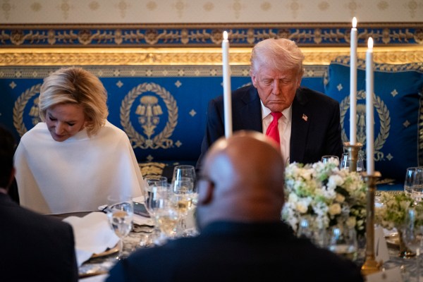President Donald Trump and Paula White-Cain, who leads the White House Faith Office, at an Easter service and dinner at the White House on Wednesday, April 15, 2025. Evangelical leaders are relishing the new atmosphere at 1600 Pennsylvania Avenue — and greater access to the president. (Haiyun Jiang/The New York Times)