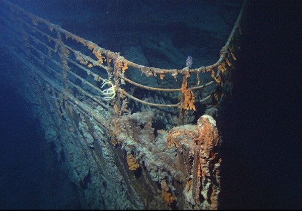 View of the bow of the RMS Titanic, photographed in June 2004 by the ROV Hercules during an expedition returning to the shipwreck of the Titanic.