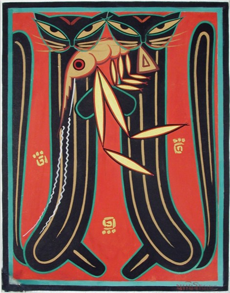 A Jamini Roy painting depicting two cats holding a prawn (Wikimedia Commons)