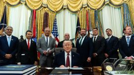 President Donald Trump speaks in the Oval Office of the White House, Saturday, April 18, 2026, in Washington. (AP Photo)