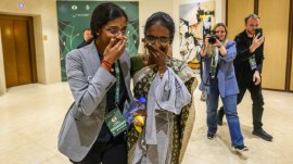 Vaishali Rameshbabu meets her mother Nagalakshmi after winning the Women's Candidates tournament. (Photo: Michal Walusza/FIDE)