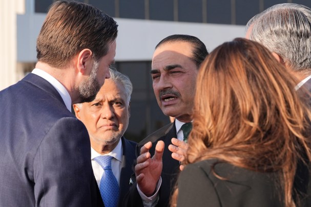 Vice President JD Vance, left, talks to Pakistan's Chief of Army Staff Field Marshall Asim Munir, right, and Pakistani Deputy Prime Minister Mohammad Ishaq Dar after attending talks in Islamabad. (AP Photo)