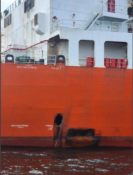 Vessel MKD Vyom was hit by a missile on March 1 which left a hole (see above image) of about one metre above waterline on the ship’s side. (Express Photo)