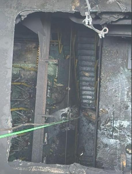 Charred insides of the vessel MKD Vyom close to where the missile hit and caused an explosion. (Express Photo)
