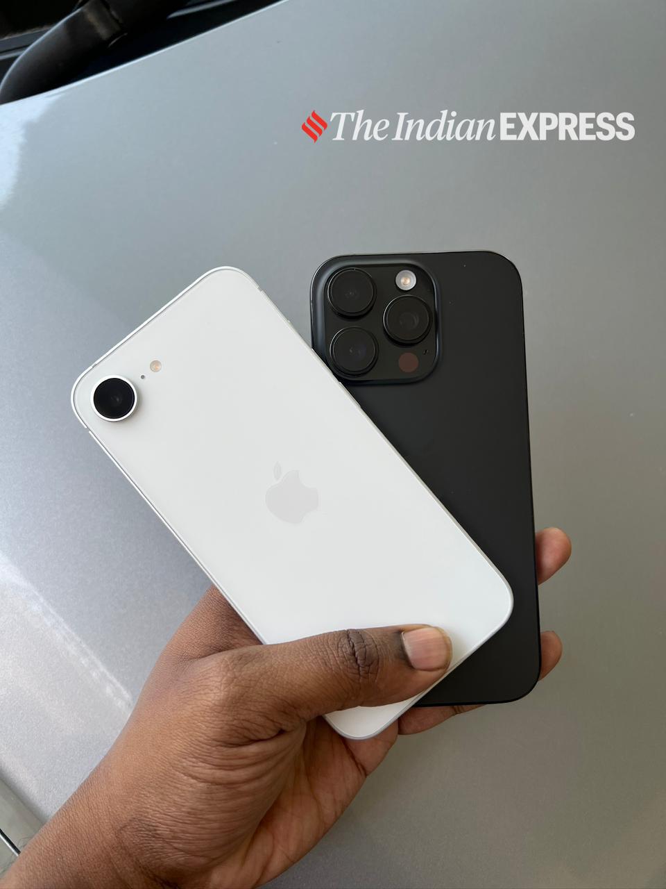 The iPhone 17e (left) next to the iPhone 16 Pro highlights the contrast between simplicity and a more feature-heavy approach. One keeps it minimal with a single lens, while the other leans into a full-fledged camera system. (Image: Bijin Jose/The Indian Express)