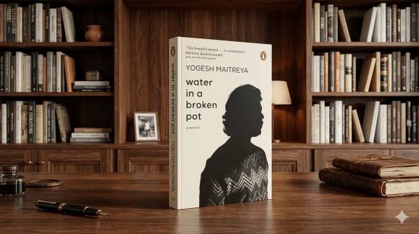 The cover of Water in a Broken Pot byYogesh Maitreya as pictured in a library on a desk with the help of artificial intelligence 