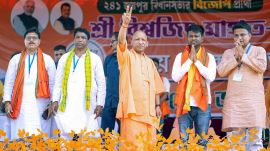 Uttar Pradesh Chief Minister Yogi Adityanath during a rally in the Garbeta Assembly constituency, West Bengal, on Monday. ANI