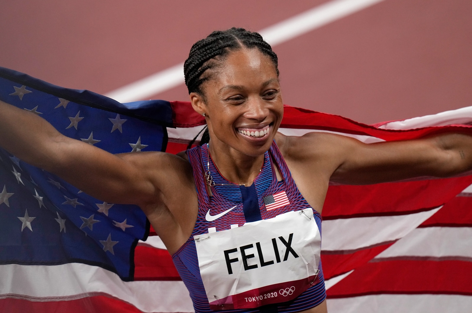 Allyson Felix after winning the 4x400m gold at the Tokyo Olympics. (Reuters Photo)