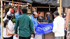 Supporters shop at stalls outside Chaitya Bhoomi ahead of Ambedkar Jayanti