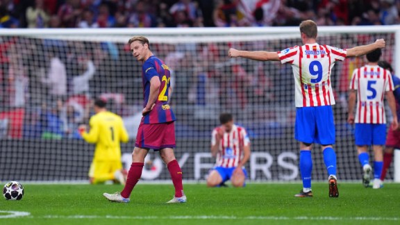 Barcelona's Frenkie de Jong, center, reacts at the end of the Champions League quarterfinal second leg soccer match between Atletico Madrid and Barcelona in Madrid. (AP Photo)