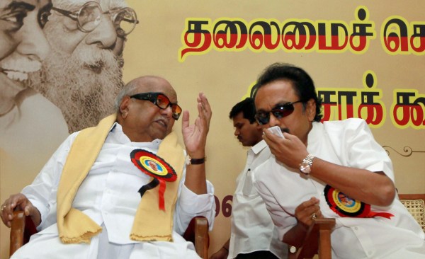 M Karunanidhi along with his son MK Stalin at the party's executive meeting held at Anna Arivalayam in Chennai on Friday in 2021 (PTI)