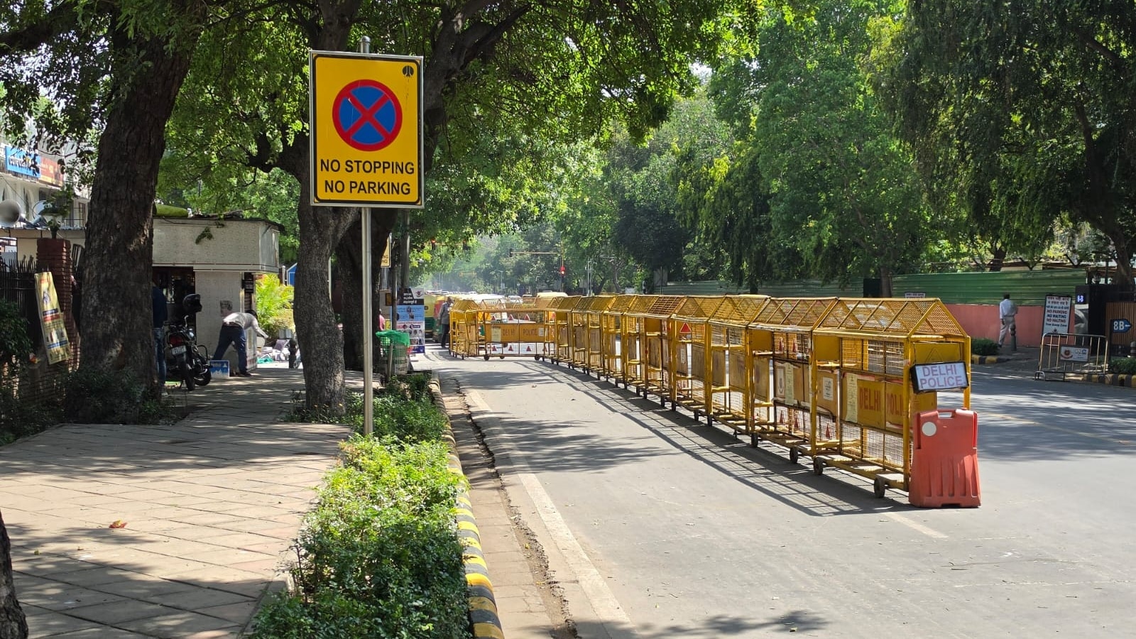 Barricades have been placed in Khan Market to streamline traffic.