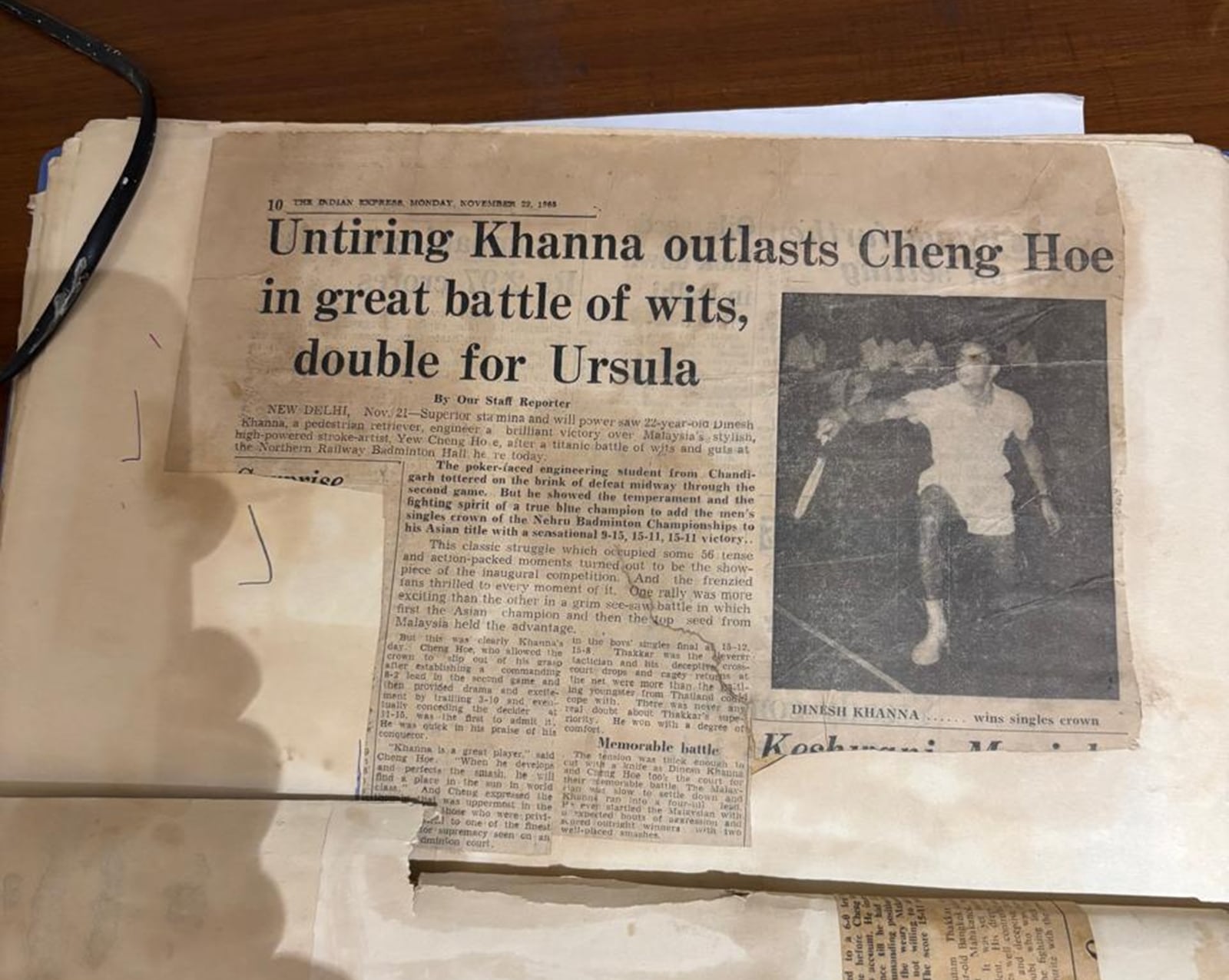 The Nehru Memorial in Delhi that followed the Asian Championships in Lucknow, was virtually another top Asian meet. Khanna faced Yew Cheng Hoe who was the top seed in Asians and Nehru both, and defeated him in the finals of Nehru Memorial.