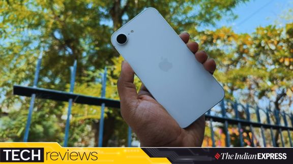 iPhone 17e Review 2026: The iPhone 17e embraces a clean, minimal design that feels instantly familiar. It’s understated, but that restraint is exactly what makes it appealing. (Image: Bijin Jose/The Indian Express)