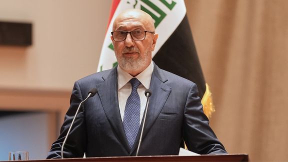 In this photo provided by the Iraqi Parliament Media Office, newly elected president of the Republic of Iraq, Nizar Amidi, speaks inside the Parliament after his election in Baghdad, Iraq, Saturday, April 11, 2026. (AP Photo)