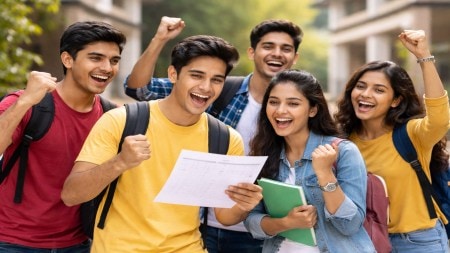 Group of Indian students celebrating outdoors after checking exam results, smiling and cheering with a score sheet in hand.