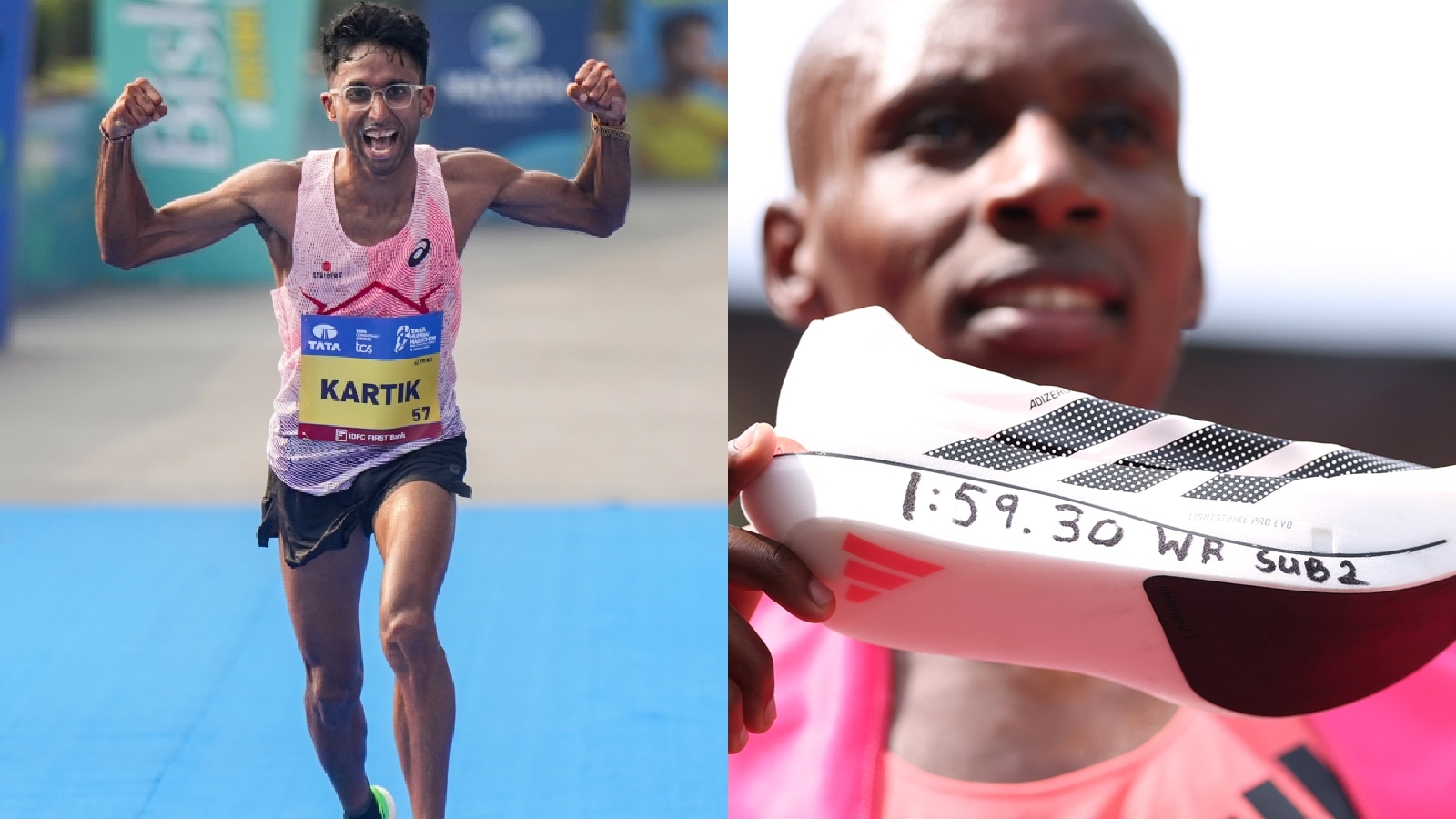 (Right) Kartik Karkera during the 21st edition of the Tata Mumbai Marathon; Sabastian Sawe holding up the Adidas Adizero Adios Pro Evo 3 after running the London Marathon in under two hours. (PTI/AP Photo)