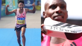 (Right) Kartik Karkera during the 21st edition of the Tata Mumbai Marathon; Sabastian Sawe holding up the Adidas Adizero Adios Pro Evo 3 after running the London Marathon in under two hours. (PTI/AP Photo)
