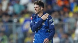 Mitchell Santner of Mumbai Indians reacts during the IPL 2026 match against Chennai Super Kings at Wankhede Stadium. (Photo: Deepak Malik / CREIMAS for IPL)