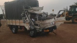 The cement tanker that rammed into the SUV carrying pilgrims from Karnataka around 2.45 am near Mantralayam mandal. (Express photo)