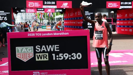 Sabastian Sawe of Kenya brought down the men’s marathon world record by 65 seconds on his way to winning the London Marathon. (Reuters Photo)