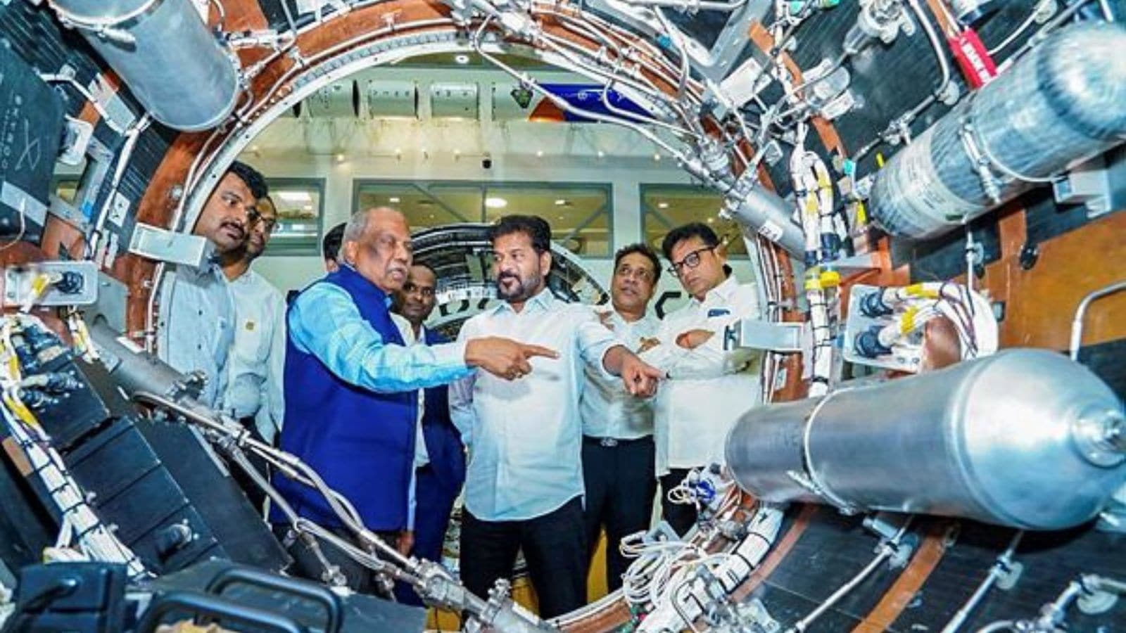 elangana Chief Minister Revanth Reddy, during the flag off ceremony of the flight hardware of Skyroot Aerospace's Vikram-1 — India's first privately developed orbital rocket, in Sriharikota on Saturday. (Telangana CMO /ANI Photo)