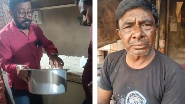 (Left) Screengrab from a purported video of food safety officers collecting samples from (R) tea stall vendor Sheshman Yadav's stall. Express