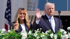 President Donald Trump and first lady Melania Trump participate in the White House Easter Egg Roll on the South Lawn of the White House. (AP Photo)