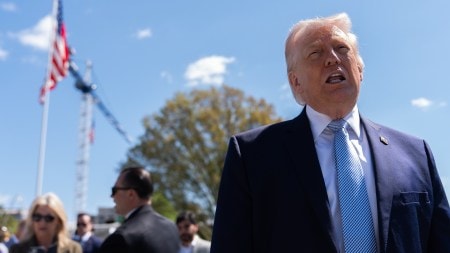 President Donald Trump speaks with reporters during the White House Easter Egg Roll on the South Lawn of the White House, Monday, April 6, 2026, in Washington. (AP Photo/Julia Demaree Nikhinson)
