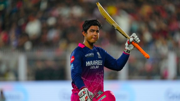 Rajasthan Royals' Vaibhav Sooryavanshi waves his bat as he leaves the ground after losing his wicket during the Indian Premier League cricket match between Royal Challengers Bengaluru and Rajasthan Royals in Guwahati, India, Friday, April 10, 2026. (AP Photo)