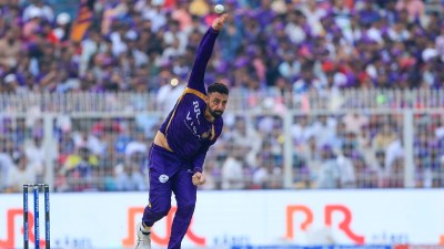 Chakaravarthy's spell of 3/14 in four overs – including the scalp of teenage sensation Vaibhav Sooryavanshi - on a helpful pitch pulled back the visitors. (BCCI/Creimas Photo)